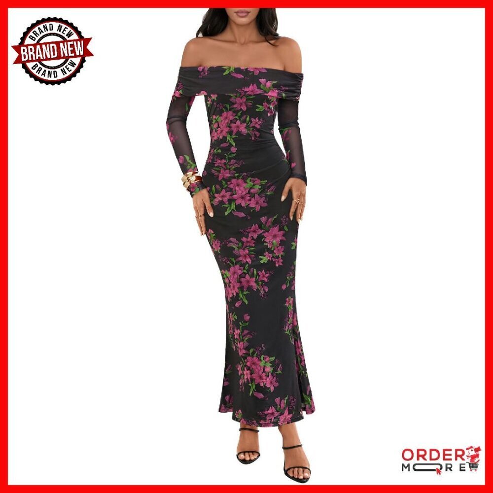 Long Sleeve Off Shoulder Bodycon Maxi Dress Formal Wedding Guest